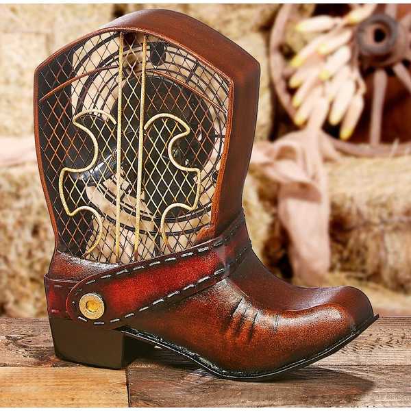 10.75' Hand Sculpted Country Rustic Cowboy Boot Table Top Figure Fan